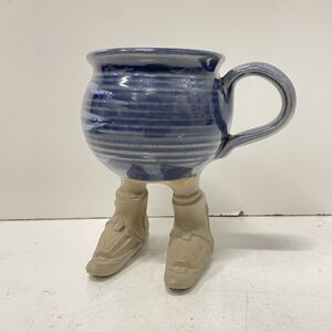 Vintage Muddy Waters 80's Glazed Pottery Coffee Mug Blue w/ Legs Wearing Boots